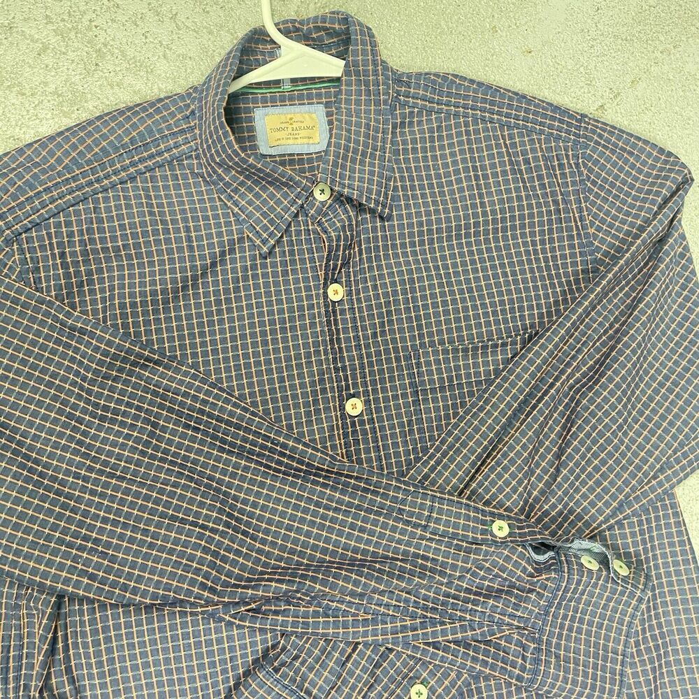 Tommy Bahama Jeans Island Crafted Men’s Large‎ Blue Orange Check Button Up Shirt